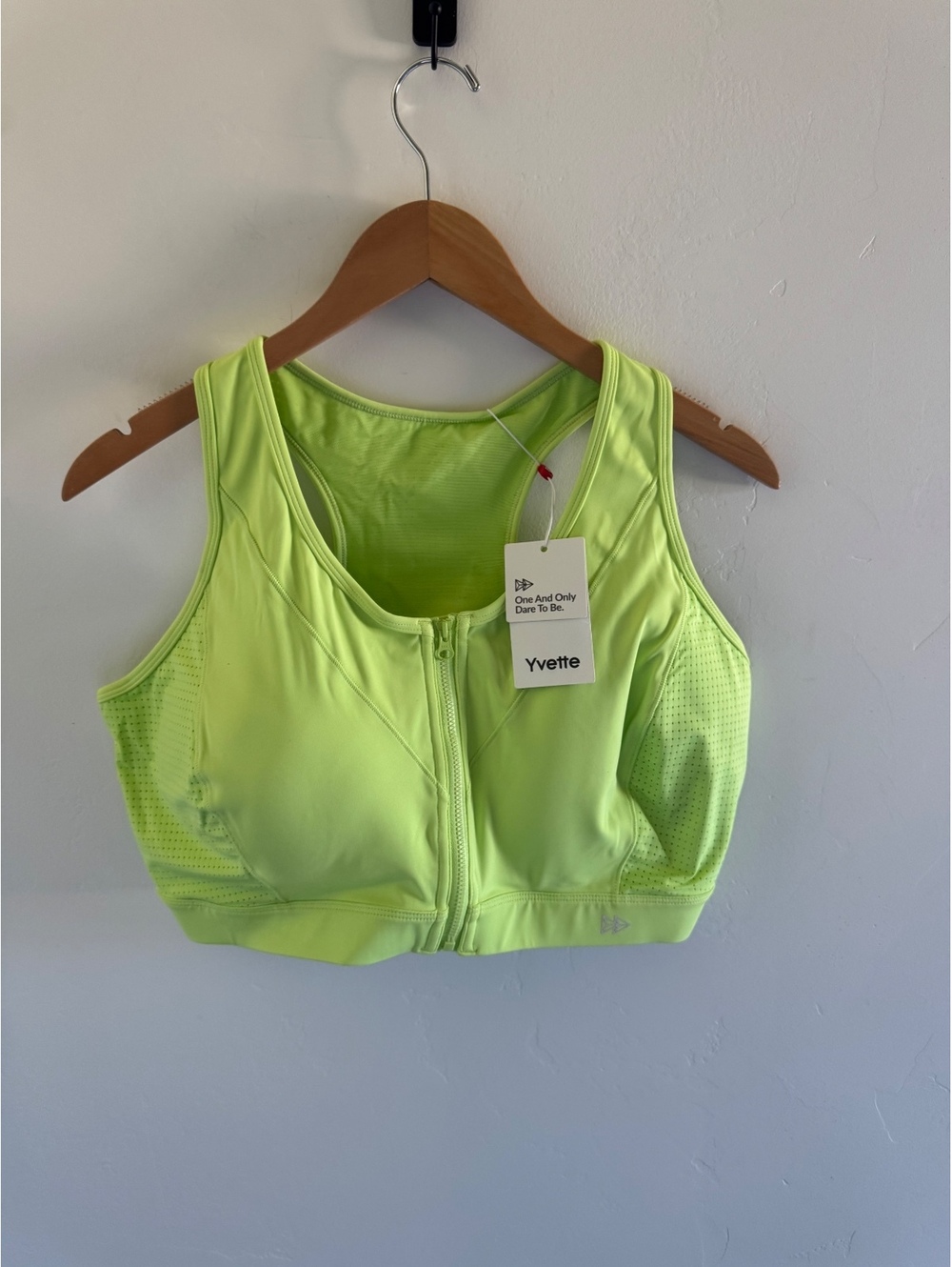 Yvette Neon Lime Green High Support Front Zip Sports Bra Size XL NWT